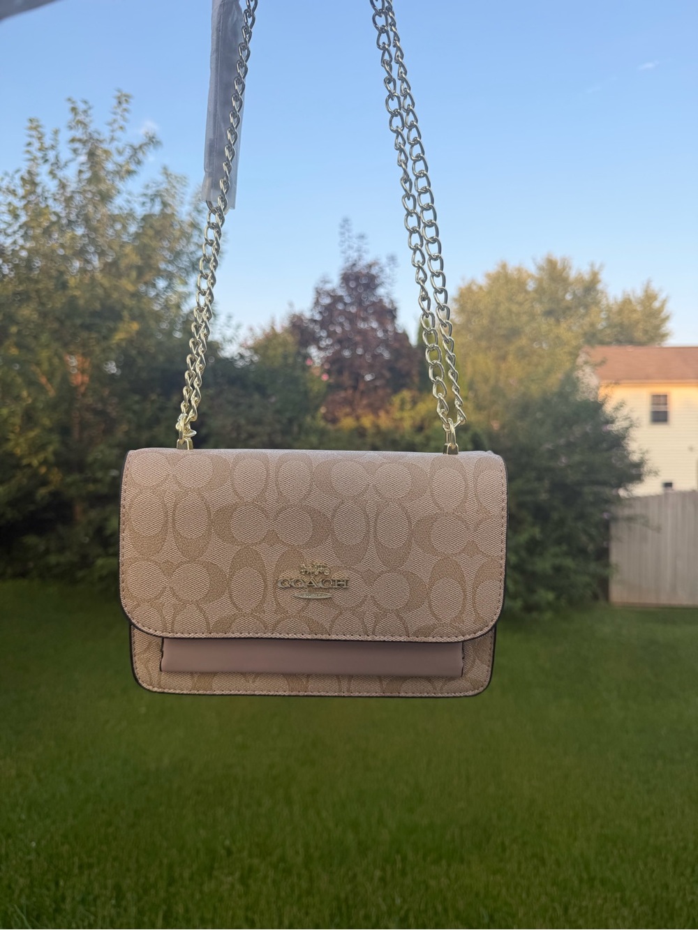 Coach Beige Signature Chain Crossbody Bag with Gold Hardware